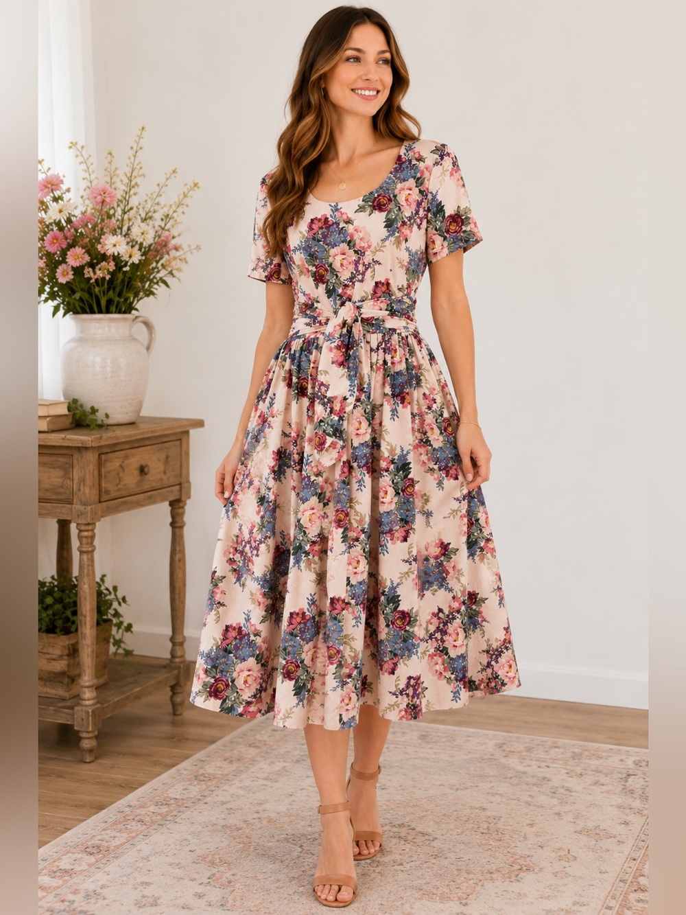 Vintage Misty Lane Floral Cotton Dress Size 14 Pink Cottagecore Belted Midi USA